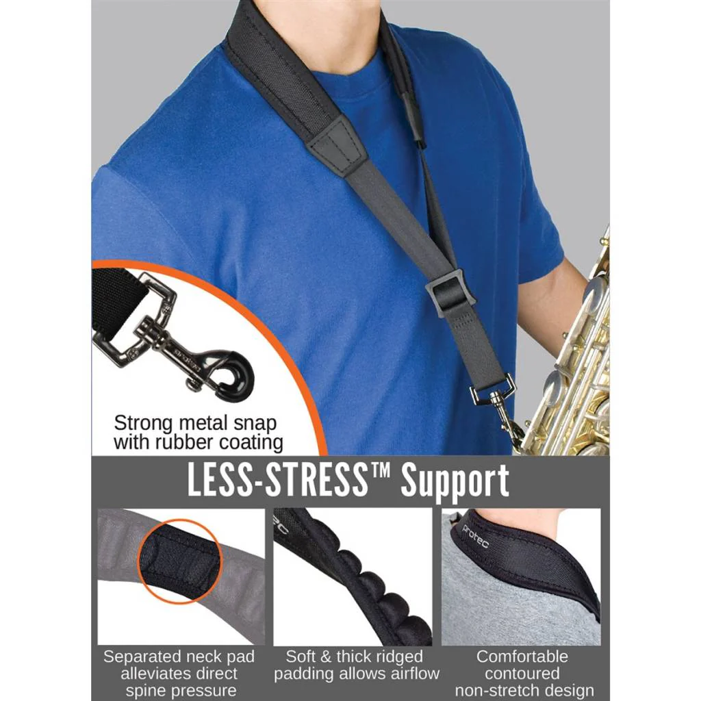 Protec Saxophone Neck Strap - Less Stress Neoprene, Metal Snap, Size 24" Tall (Black) - Image 3